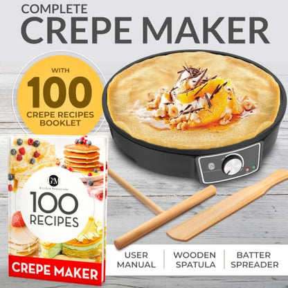 Crepe Maker Machine (Easy to Use), Pancake Griddle – Nonstick 12” Electric Griddle – Pancake Maker, Batter Spreader, Wooden Spatula – Crepe Pan for Crepes Roti, Tortilla, Blintzes – Portable, Compact