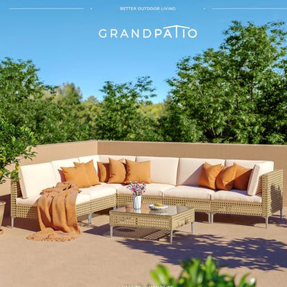 Grand patio 4-Piece Wicker Patio Furniture Set, Boho Outdoor Conversation Set Sectional Sofa with Water Resistant Thick Cushions and Coffee Table, Cream