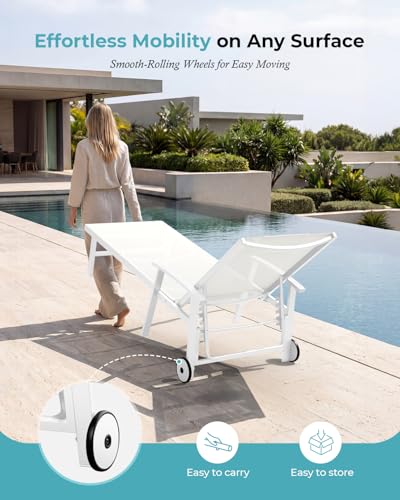 Ciokea Outdoor Lounge Chair with Pillow, 5-Position Aluminum Chaise Lounge with Wheels & Armrests, 400 lbs Heavy Duty Patio Pool Chair for Deck, Backyard, Beach & Poolside, White
