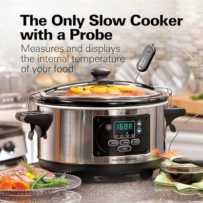 Hamilton Beach Portable 6 Quart Set & Forget Digital Programmable Slow Cooker with Lid Lock, Temperature Probe, Dishwasher Safe Crock & Lid, Stainless Steel (33969A)