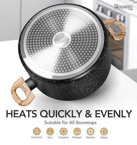 MICHELANGELO 6 Quart Stock Pot with Lid, Nonstick Soup Pot with Lid, 6 Qt Cooking Pot Induction Compatible, Non Stick Pots with Stay-cool Handle, Nonstick Pots for Cooking, Black Granite