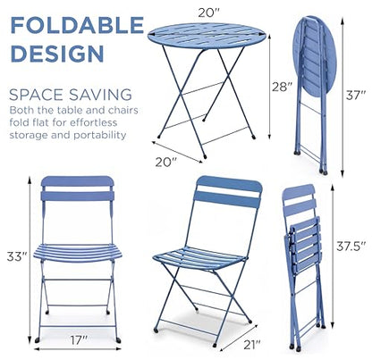 Alpine Corporation VTFAM168A-BL 3-Piece Blue Metal Folding Bistro Set – 20" Round Patio Table with 2 Folding Chairs – Portable Indoor/Outdoor Balcony & Garden Furniture Set