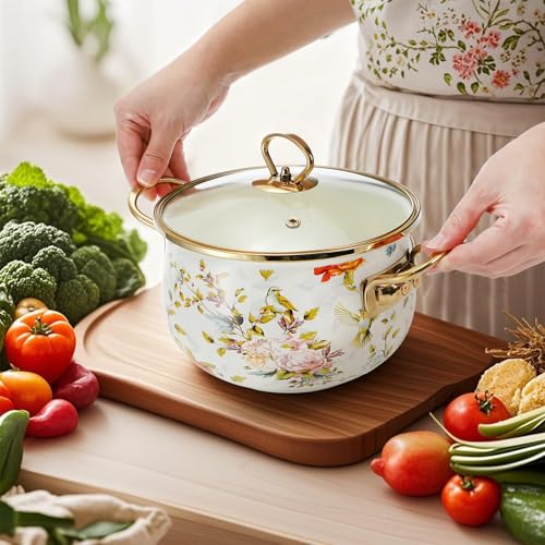 SOUJOY 2.8 Quart Enamel Stockpot with Glass Lid, Vintage Floral Soup Pot, Non-Stick Bean Stew Simmer Pot with Handle for Kitchen, Induction & Gas Stove Safe, Mother's Day, Wedding, Christmas Gift
