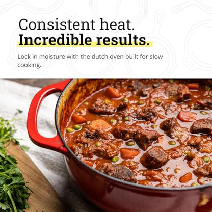 Lodge Essential Enamel Cast Iron Dutch Oven 6 Quarts - Perfect for Bread Baking, Braising, Marinating & Slow Cooking, Features Moisture-Sealing Lid & Dual Handles, Kitchen Essentials, Island Spice Red