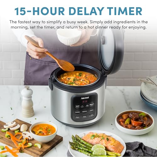 AROMA Digital Rice Cooker, 4-Cup (Uncooked) / 8-Cup (Cooked), 2 Qt, Steamer, Multicooker, Slow Cooker, Oatmeal Cooker, Auto Keep Warm, Stainless Steel Exterior