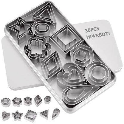 HIWRBDTI 30PCS Mini Cookie Cutters Shapes Set with Box for Kids, Small Stainless Steel Star Triangle Cookie Cutter Variety Pack, for Tiny Polymer Clay, Fruit