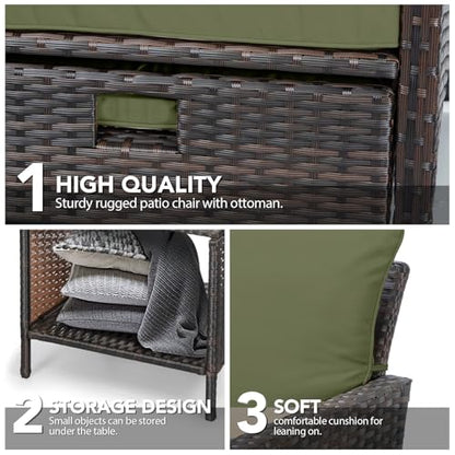 LEVELEVE Balcony Furniture 5 Piece Patio Conversation Set, PE Wicker Rattan Outdoor Lounge Chairs with Soft Cushions 2 Ottoman&Glass Table for Porch, Lawn-Brown Wicker（Army Green
