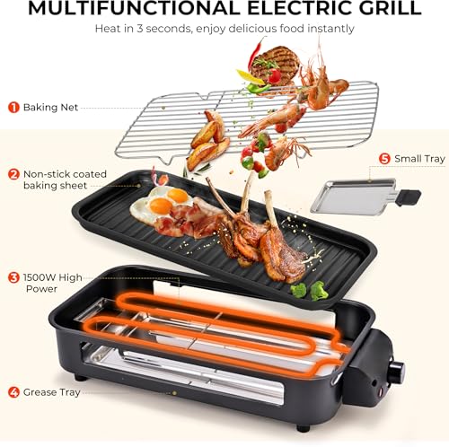 Pukomc Electric Indoor Grill,2 in 1 Indoor Grills for Kitchen with Grill Net & Non-Stick Cooking Removable Plate, Temperature Control, Dishwasher Safe, 1700W Black
