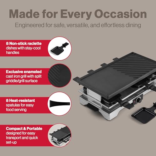 Swissmar Verso Indoor & Outdoor Raclette Grill with Cast Iron Reversible Griddle / Grill Top - 1700W Electric Raclette Set with PFAS-Free Nonstick Dishes, Variable Heat Control, 8-Person