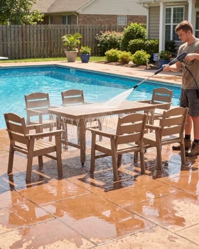 8 Piece HDPE Outdoor Dining Set for 6 with 15ft Umbrella and Base,Teak