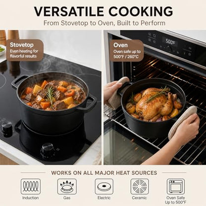 VIVIDCOOKWARE Enameled Cast Iron Dutch Oven with Lid, 3.3 QT Round Dutch Oven Pot, Matte Black Small Dutch Oven for Soup, Stew, Braising & Baking, Oven Safe to 500°F, Works on Induction, Gas & Electric