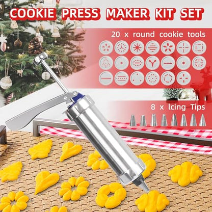 Spritz Cookie Press Kit - 20 Stainless Steel Discs & 8 Icing Nozzles - Professional Biscuit Maker with Effortless Trigger - Complete Spritz Cookie Maker for Homemade Treats and Pastry Decoration