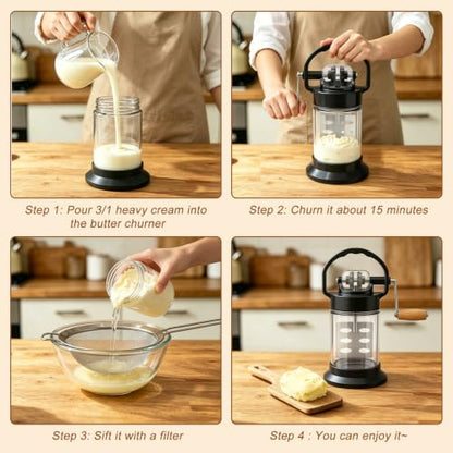 Upgraded 1L Manual Butter Churner with Non-Slip Base & Finger-Safe Handle