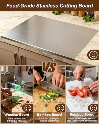 GVUHR 304 Stainless Steel Cutting Board for Kitchen- Large L-Shaped Bread Board,Double-Sided Chopping Board for Baking,Non Adhesive Bread Cutting Board (Medium)