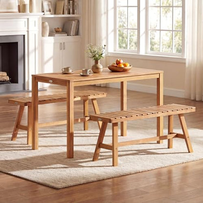 Tangkula 3 Pieces Acacia Wood Patio Dining Set, Outdoor Rectangular Table and Benches with Slatted Seats, Space-Saving Outside Furniture Set for Deck, Lawn, Garden and Backyard