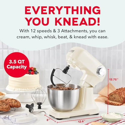Dash 3.5QT Tilt-Head Stand Mixer - Electric Stand Mixer with Stainless Steel Bowl and Splash Guard For Baking - Cream, 3.5-Quart