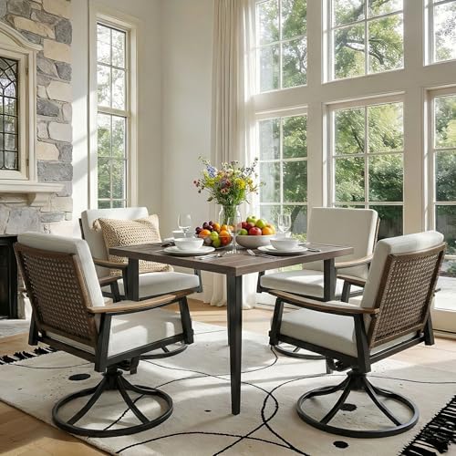 NATURAL EXPRESSIONS Outdoor Dining Set,Patio Table and Chairs Set with 4 Rattan Wicker Swivel Chairs,5 Piece Patio Dining Set for 4,36.6" Woodgrain Table with 1.65" Umbrella Hole,Patio Sets for Yard