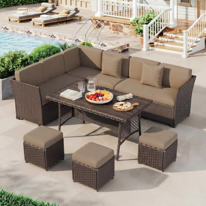 7 Pieces Patio Furniture Set, Patio Sectional with Dining Table & Ottoman