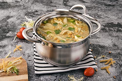 Alpine Cuisine Stainless Steel Dutch Oven Belly Shape 4 Quart - Heavy Duty Pot with Tempered Glass Lid,Comfortable Handles, Dishwasher Safe & Easy to Clean