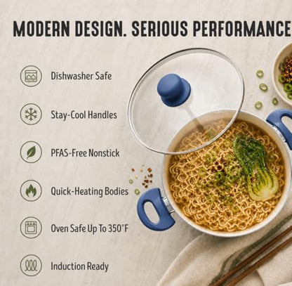 GreenLife 5 Quart Nonstick Stock Pot with Lid, Non-Toxic Ceramic Pot, Dishwasher Safe, Induction Ready, Fast Heating, Stay-Cool Handles, Kitchen Casserole, Soup, Pasta, Easy Clean, Slate Blue
