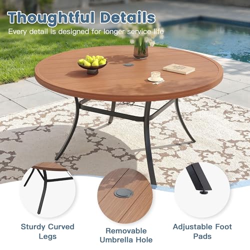 DIFY 11 Piece Patio Dining Set, Metal Outdoor Table and Chairs Set for 10, 60" Round Walnut Dining Table with Umbrella Hole & Wicker Stackable Patio Chairs, Patio Furniture Set for Garden Backyard