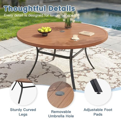 DIFY 11 Piece Patio Dining Set, Metal Outdoor Table and Chairs Set for 10, 60" Round Walnut Dining Table with Umbrella Hole & Wicker Stackable Patio Chairs, Patio Furniture Set for Garden Backyard