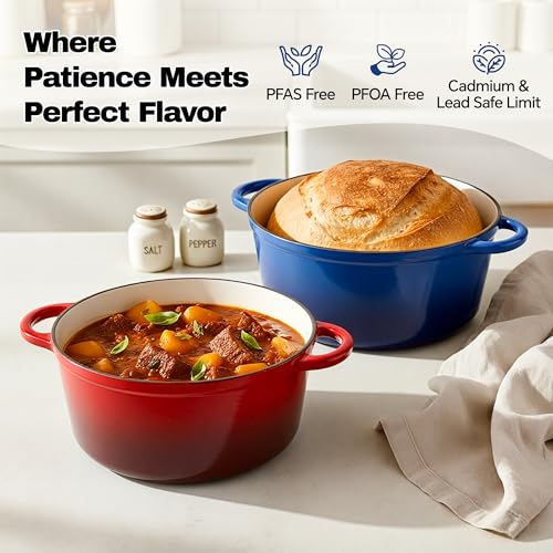 7 Quart Dutch Oven Pot with Lid, Non Stick Enameled Cast Iron Dutch Oven for Bread Baking, Heavy-Duty, Oven Safe Ceramic Cookware Up to 500°F for Baking, Braising, Stews, Roasting, Blue