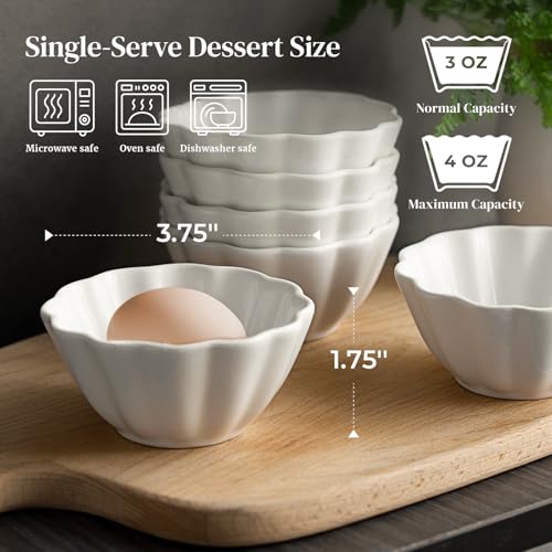 DOWAN Porcelain Ramekins - Oven Safe Serving Bowls for Souffle, Creme Brulee and Dipping Sauces, Flower Shape Ramekins for Baking (4OZ, White)