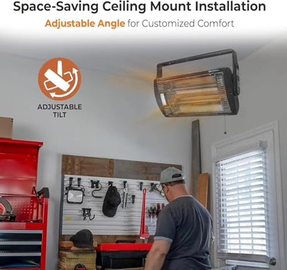 Comfort Zone 1500W Ceiling Mounted Dual Quartz Radiant Heater – Infrared Workshop Heater with 90° Adjustable Tilt, Built-in Halogen Light & Pull String Control – Overheat Protection, Black