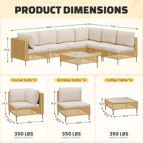 LHBcraft 7-Piece Outdoor Furniture Set, Handmade Rattan Patio Furniture Set, Outdoor Sectional Furniture, Patio Sectional with Fluffy Cushions and Coffee Table, Yellow Beige