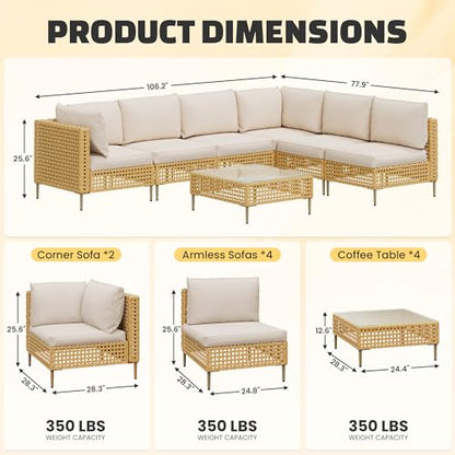 LHBcraft 7-Piece Outdoor Furniture Set, Handmade Rattan Patio Furniture Set, Outdoor Sectional Furniture, Patio Sectional with Fluffy Cushions and Coffee Table, Yellow Beige