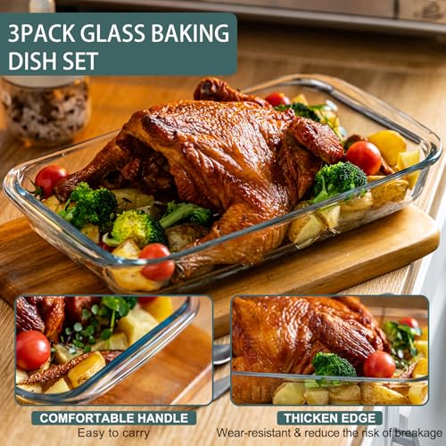 Glass Baking Dish, Glass Baking Dishes for oven,Food Container 3-Piece Set for Cooking Lasagna Kitchen Baking Bakeware Set Oven Microwave Refrigerator Dishwasher Safe (3)