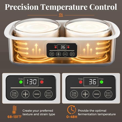 Suteck Yogurt Maker with Glass Jars 2 Quart – Stainless Steel Yogurt Makers with Adjustable Time (0-48H) & Temp Control (68-131°F) for Greek Yogurt, Probiotic, Cheese – BPA-Free, 25W