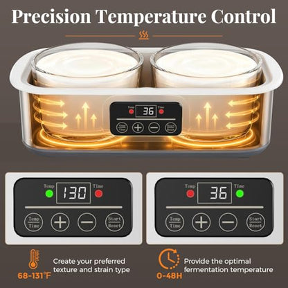 Suteck Yogurt Maker with Glass Jars 2 Quart – Stainless Steel Yogurt Makers with Adjustable Time (0-48H) & Temp Control (68-131°F) for Greek Yogurt, Probiotic, Cheese – BPA-Free, 25W