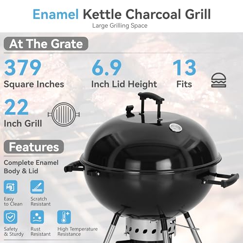 22 inch Kettle Charcoal BBQ Grill with Wheels for Outdoor Cooking