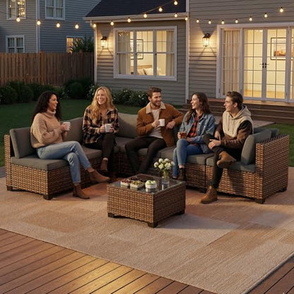 Qsun 7 Pieces Patio Furniture Set, Outdoor Sectional Rattan Sofa Set, Wicker Patio Conversation Set with Cushions and Glass Coffee Table, for Balcony, Porch, Garden, Grey