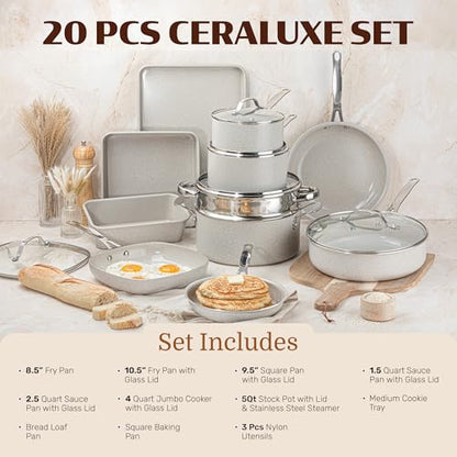 Granitestone Ceraluxe 20 Pc Ceramic Cookware Set Nonstick, Complete Pots and Pans Set Non Stick for Kitchen with Bakeware, Utensils & Steamer, Non Toxic Made Without PFOA PFOS, Oven & Dishwasher Safe