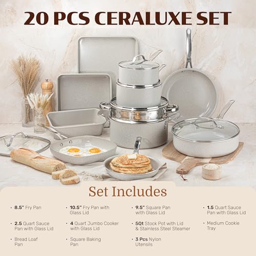 Granitestone Ceraluxe 20 Pc Ceramic Cookware Set Nonstick, Complete Pots and Pans Set Non Stick for Kitchen with Bakeware, Utensils & Steamer, Non Toxic Made Without PFOA PFOS, Oven & Dishwasher Safe