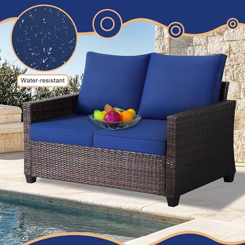 Outdoor 2-Seat Rattan Loveseat,Water-Resistant Deep Cushions,Patio,Blue