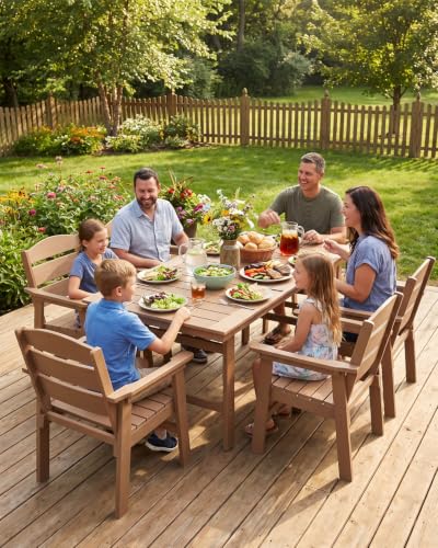 8 Piece HDPE Outdoor Dining Set for 6 with 15ft Umbrella and Base,Teak