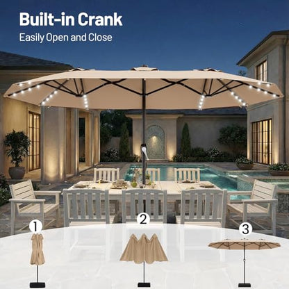 AreShark 15FT Patio Umbrella with Solar Lights, Double Sided Outdoor Table Umbrellas with Crank, Large Rectangular Market Umbrella for Porch, Lawn, Pool, Backyard, Beige