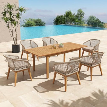 OC Orange-Casual 7-Piece Patio Acacia Wood Dining Set, Extendable Table & Checkerboard Woven Chairs, Outdoor Furniture Set for Garden, Backyard, Deck (Beige)