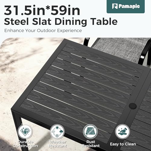 Pamapic Outdoor Dining Sets for 6, Rectangular Steel Slat Table with 6 Textilene Chairs, 7 Piece Patio Table and Chairs Set with Umbrella Hole for Patio, Backyard, Poolside (Grey, No Umbrella)
