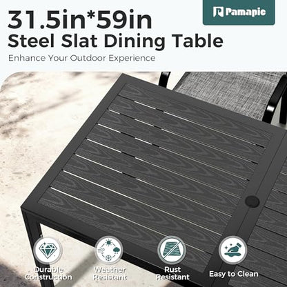 Pamapic Outdoor Dining Sets for 6, Rectangular Steel Slat Table with 6 Textilene Chairs, 7 Piece Patio Table and Chairs Set with Umbrella Hole for Patio, Backyard, Poolside (Grey, No Umbrella)