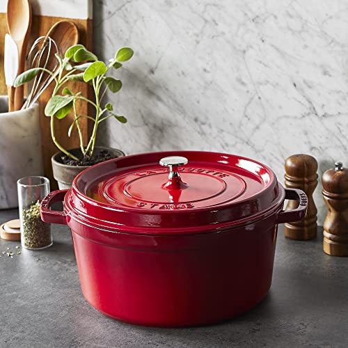 Staub Cast Iron Round Cocotte, Dutch Oven, 7-quart, serves 7-8, Made in France, Cherry