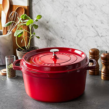 Staub Cast Iron Round Cocotte, Dutch Oven, 7-quart, serves 7-8, Made in France, Cherry