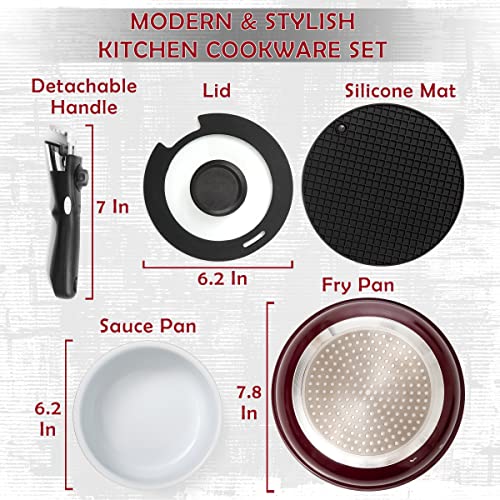Moss & Stone Aluminum Pots And Pans Set Nonstick, Removable Handle Cookware, Stackable Pots And Pans Set, Dishwasher safe, Induction Pots And Pans, Camping Cookware Set (5 Pcs Burgandy)