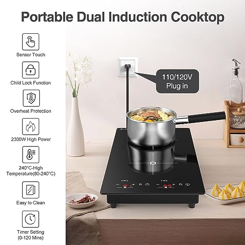 VBGK Double Induction Cooktop, 2300W 110V Portable Induction Cooktop with LED Touch Screen 9 Levels Settings,Electric cooktop with Child Safety Lock & Timer 2 burner