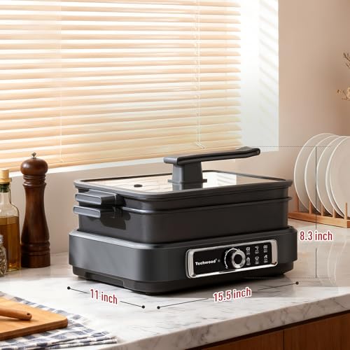 Electric Skillet, Techwood 7.5-Quart 2-in-1 Versatile Multi-Cooker with 5-Level Heat Settings, Come with Removable Non-stick Skillet Pan& Cooking Pot, Dishwasher Safe, 1500W, Black (Black)