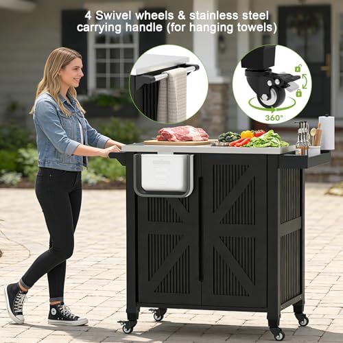 IWDOO Outdoor Kitchen Island with Storage Cabinet, Movable Grill Cart with Stainless Steel Countertop, 4 Swivel Wheels, PP Material Rolling BBQ Food Prep Table Cart for Patio, Poolside, Black